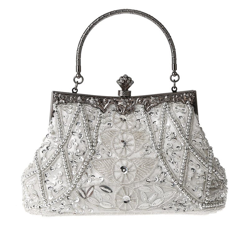 DA BODAN Women's Evening Bag Vintage Beaded Sequin Pearl Clutch Handbag Shoulder Bag Purses for Wedding Bridal Prom Party (Silver) - Image 1